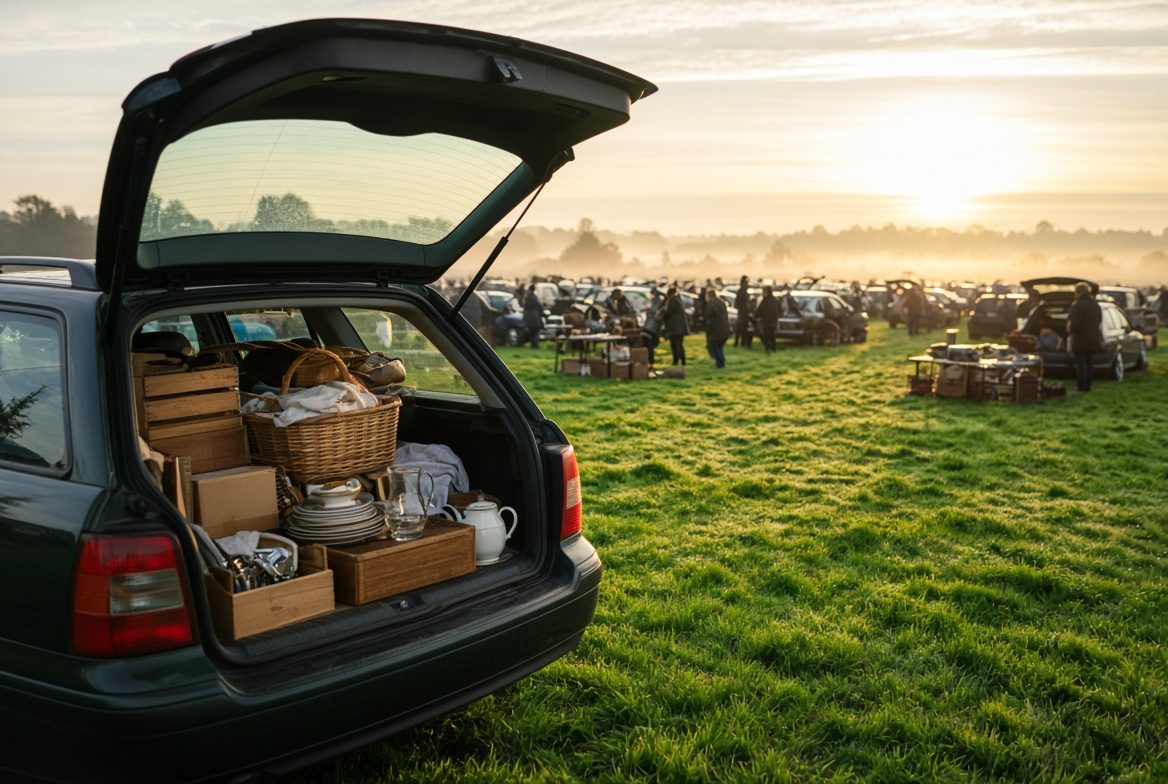 Sunrise car boot sale, boot open on the field